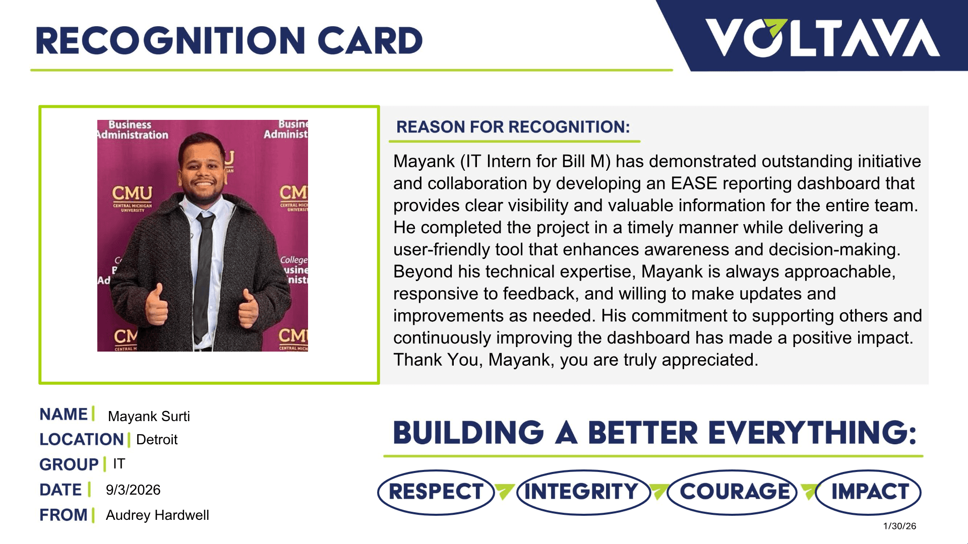Voltava recognition card awarded to Mayank Surti by Audrey Hardwell, Detroit plant IT