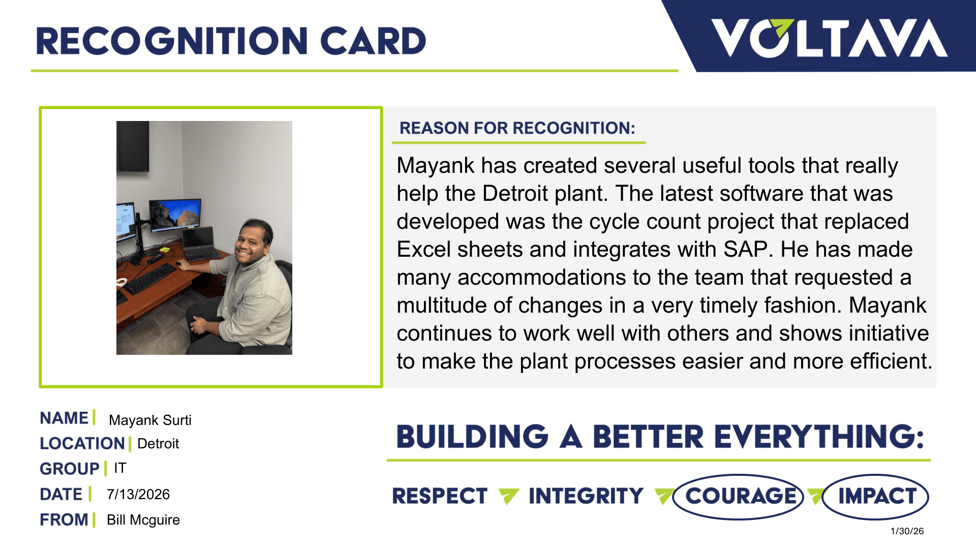 Voltava recognition card awarded to Mayank Surti, Detroit plant IT